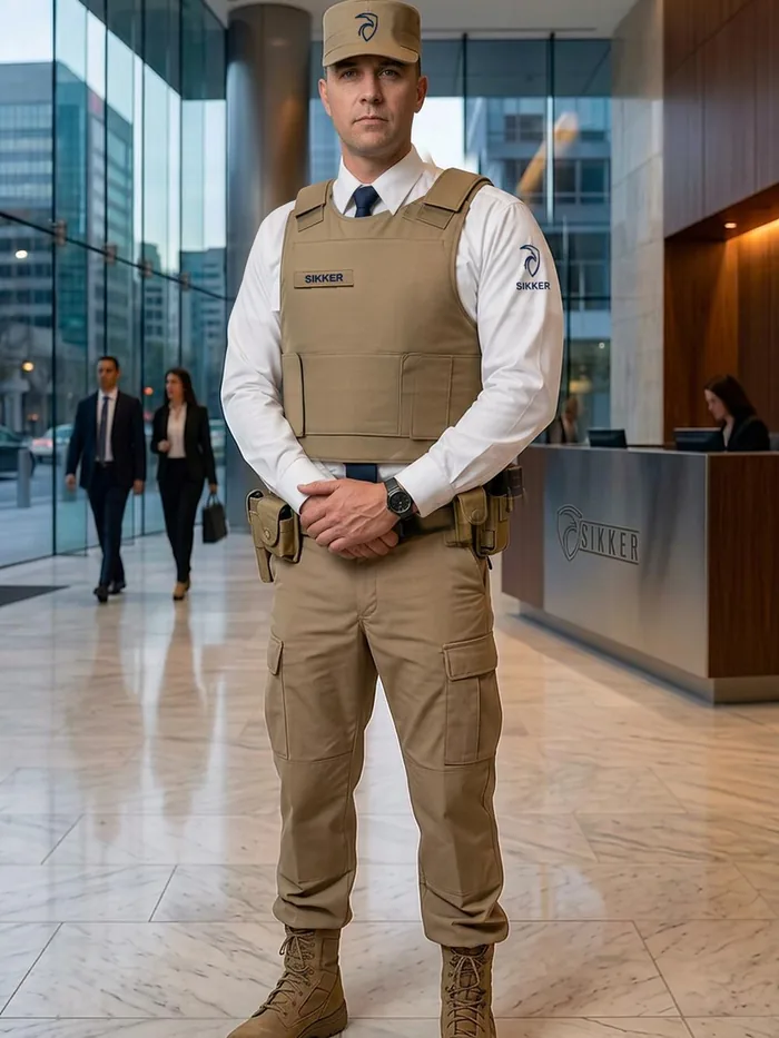Elemento de seguridad de SIKKER con uniforme, en la recepción de un corporativo