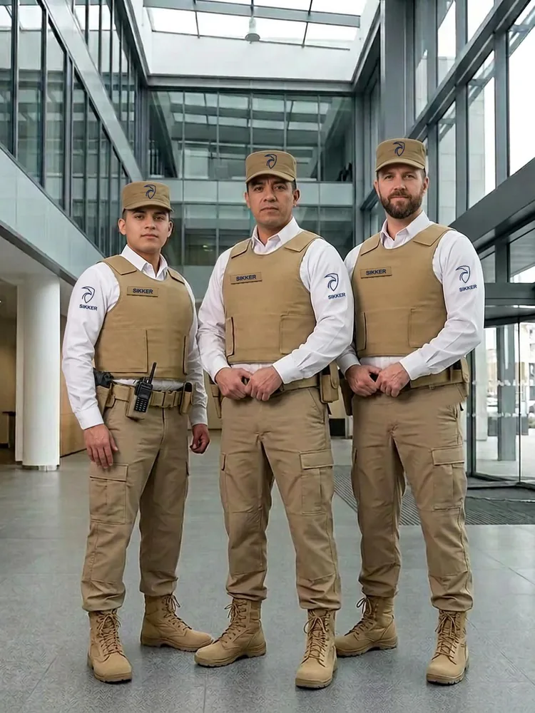 Elementos de seguridad de SIKKER con uniforme, en un corporativo