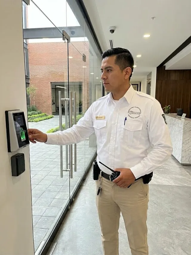 Elemento de seguridad de SIKKER operando un control de acceso biométrico en un corporativo